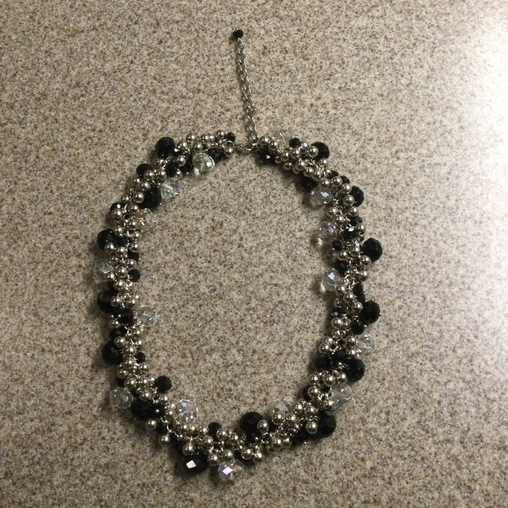 Classic Silver Beaded Necklace with Black and Clear Accents